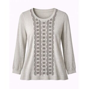 J.Crew Merino Wool Embroidered Sweater Cream Beige Floral Women's M